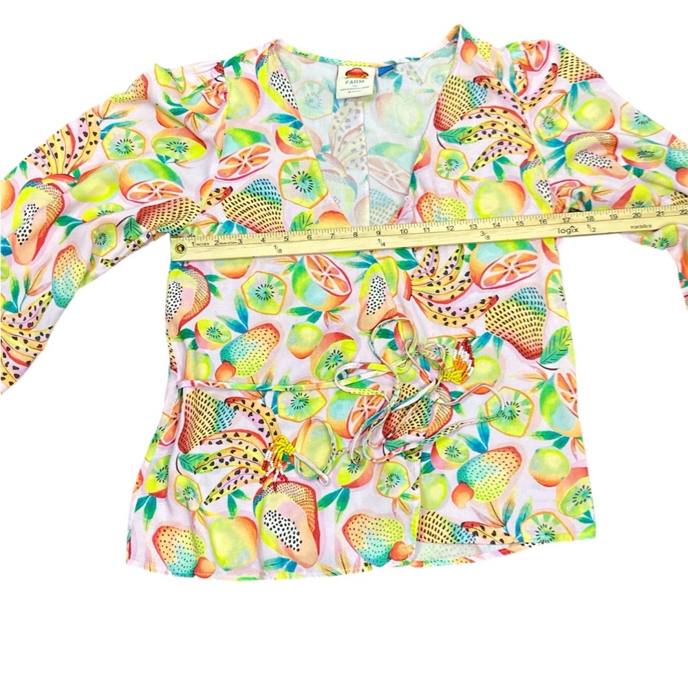 Farm Rio Anthropologie Rainforest Boho Colorful Wrap Blouse Beaded Ties Size XS - Picture 9 of 10